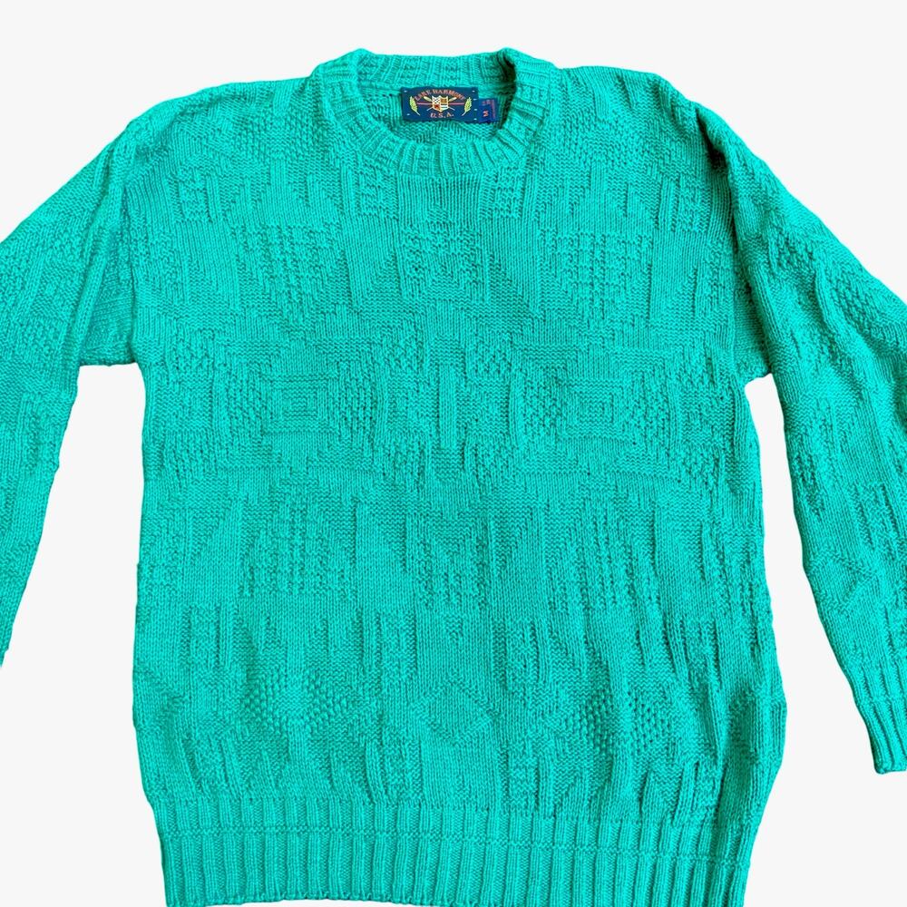 VTG Lake Harmony Sweater M Green Textured Knit Crewneck USA Made Cotton Preppy - Picture 3 of 10